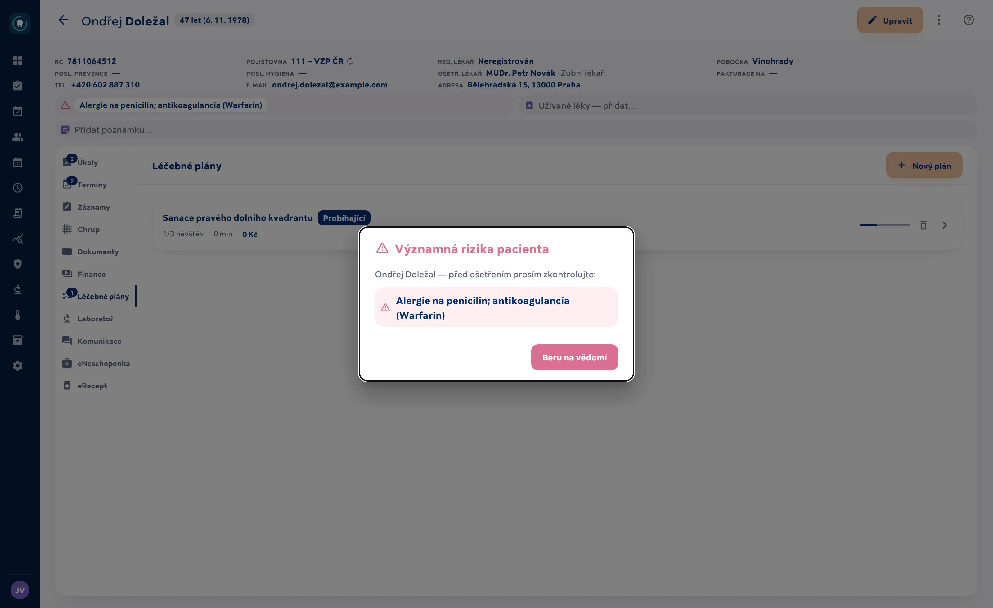 Léčebné plány a cenové návrhy — snímek obrazovky aplikace ClinicDent