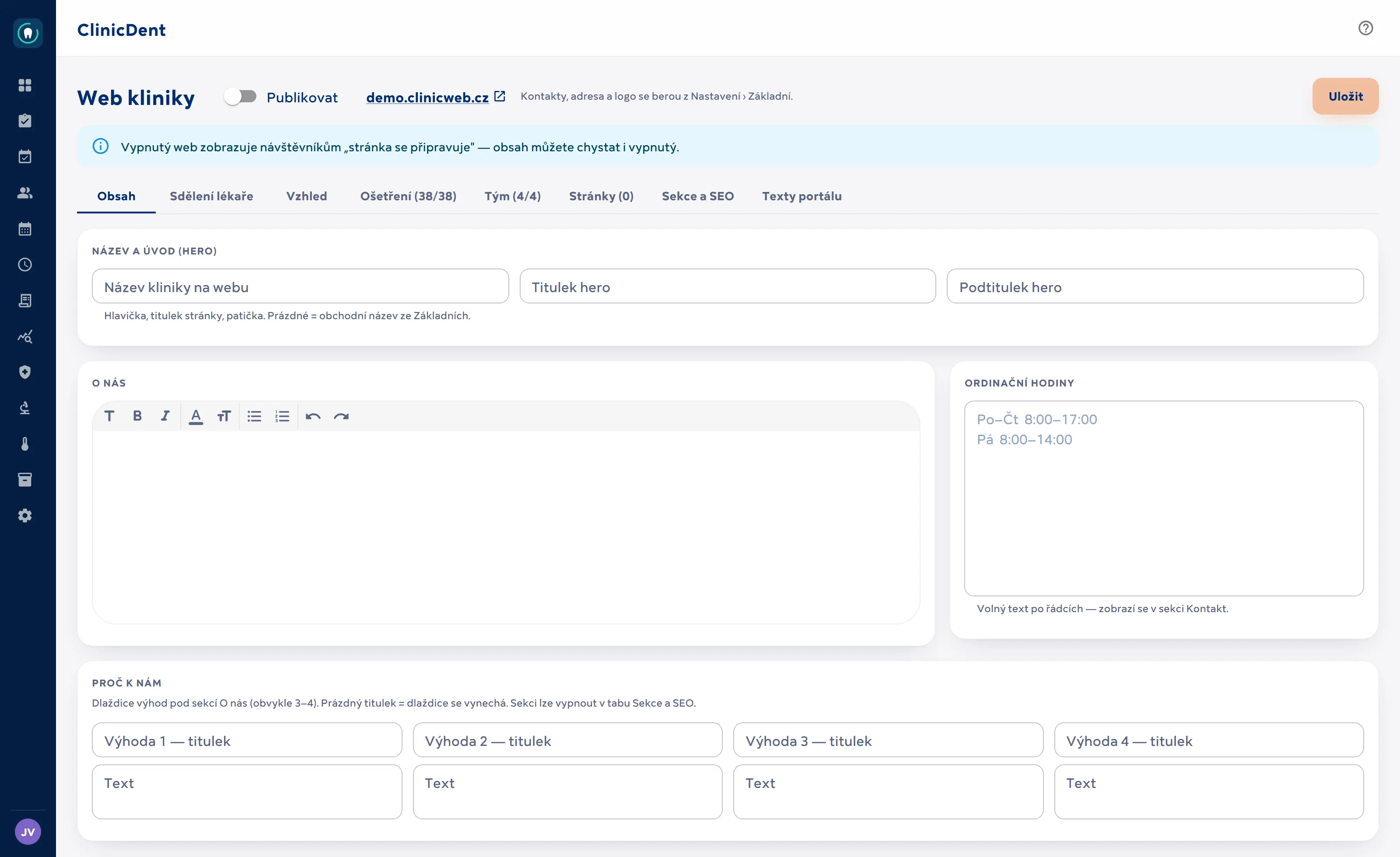 Web pro vaši ordinaci — snímek obrazovky aplikace ClinicDent